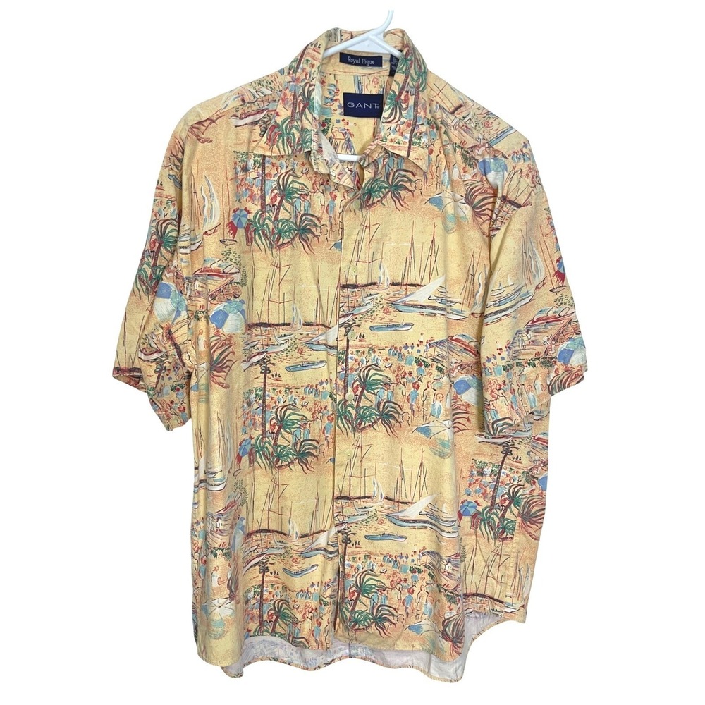 Gant Large Yellow Beach Scene Short Sleeve Royal Pique Button Down Tropical